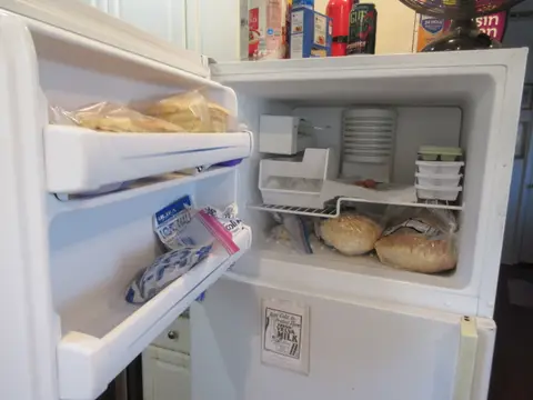 Open freezer compartment of a home refrigerator with food and ice trays